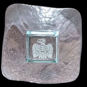 Unique Vintage Thunderbird Etched Square Dish 10.5"x 2" Rippled Soft Green Glass